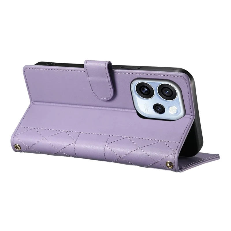 For Oppo Reno15 F 5G Wallet Case Rhombus Stitching Stand Leather Phone Cover with Long  /  Short Strap - Purple