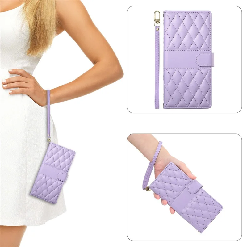 For Oppo Reno15 F 5G Wallet Case Rhombus Stitching Stand Leather Phone Cover with Long  /  Short Strap - Purple