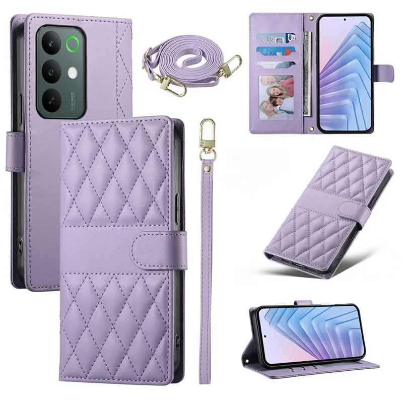 For Realme C85 5G Wallet Case Rhombus Stitching Stand Leather Phone Cover with Long  /  Short Strap - Purple