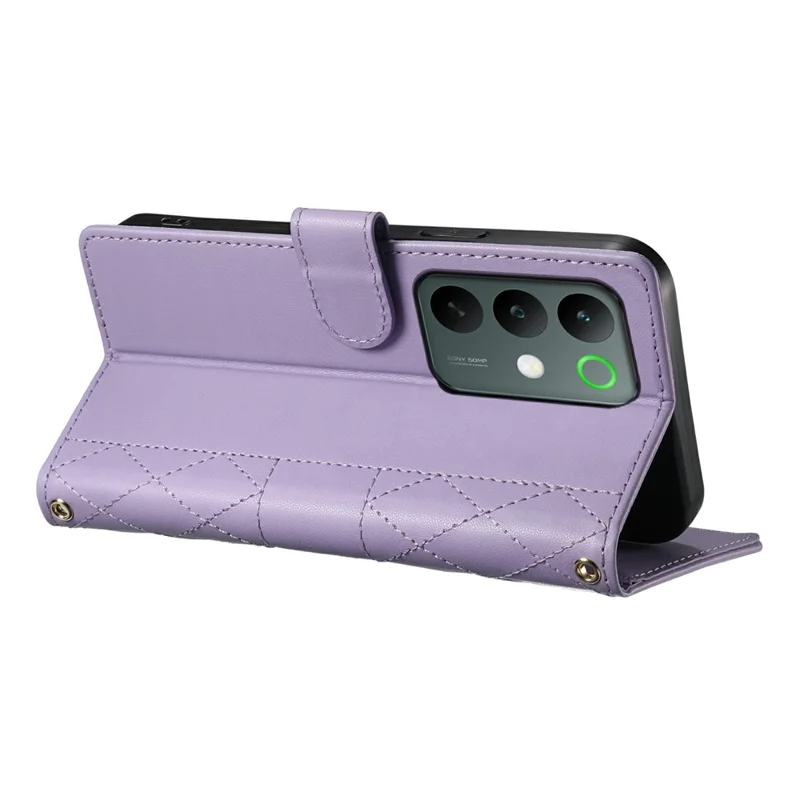 For Realme C85 5G Wallet Case Rhombus Stitching Stand Leather Phone Cover with Long  /  Short Strap - Purple