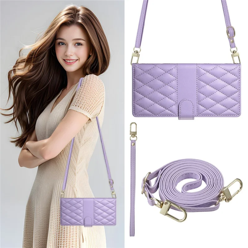 For Realme C85 5G Wallet Case Rhombus Stitching Stand Leather Phone Cover with Long  /  Short Strap - Purple