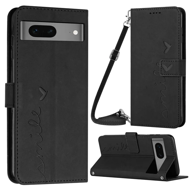 Case de Sentimiento de Toque de Piel Para Google Pixel 7 5G, Capacidad de Billetera Impresa de Forma de Corazón a Prueba - Negro