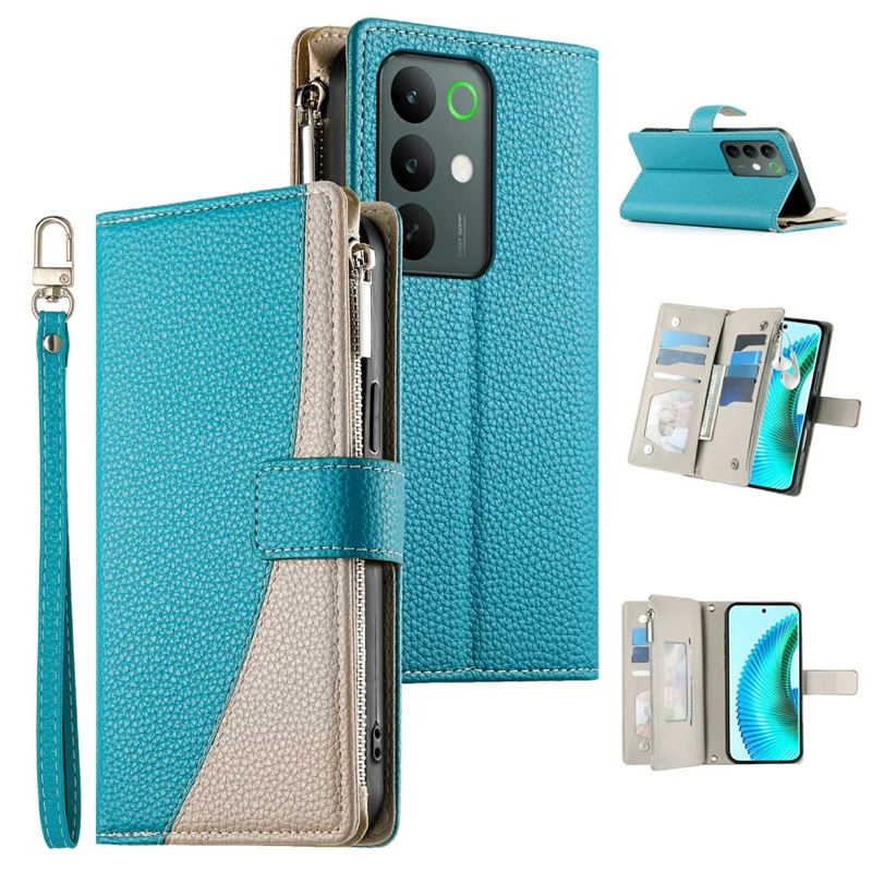 For Realme C85 5G Case Zipper Wallet Color Splicing Leather Flip Phone Cover with Straps - Lake Blue