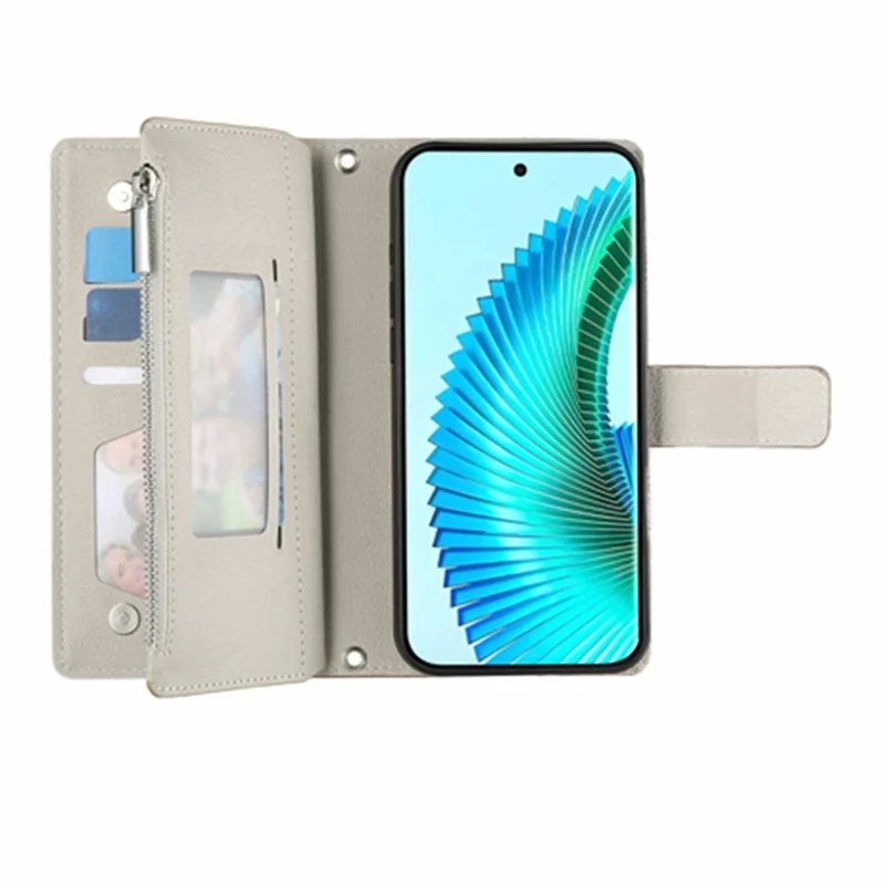 For Realme C85 5G Case Zipper Wallet Color Splicing Leather Flip Phone Cover with Straps - Lake Blue