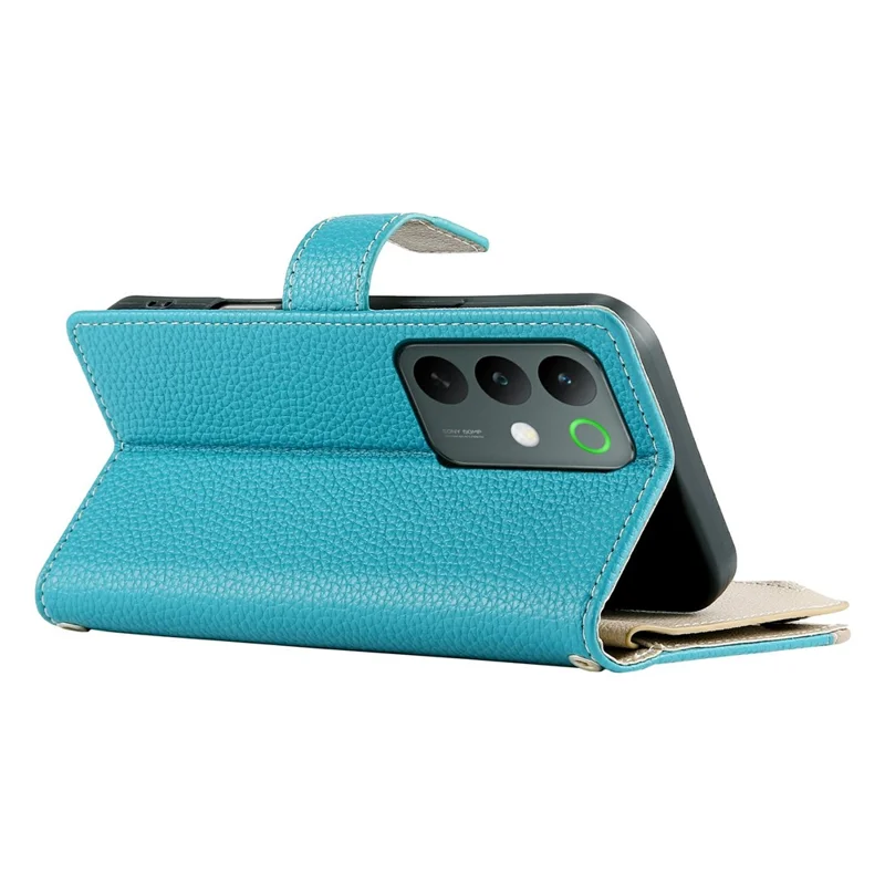 For Realme C85 5G Case Zipper Wallet Color Splicing Leather Flip Phone Cover with Straps - Lake Blue