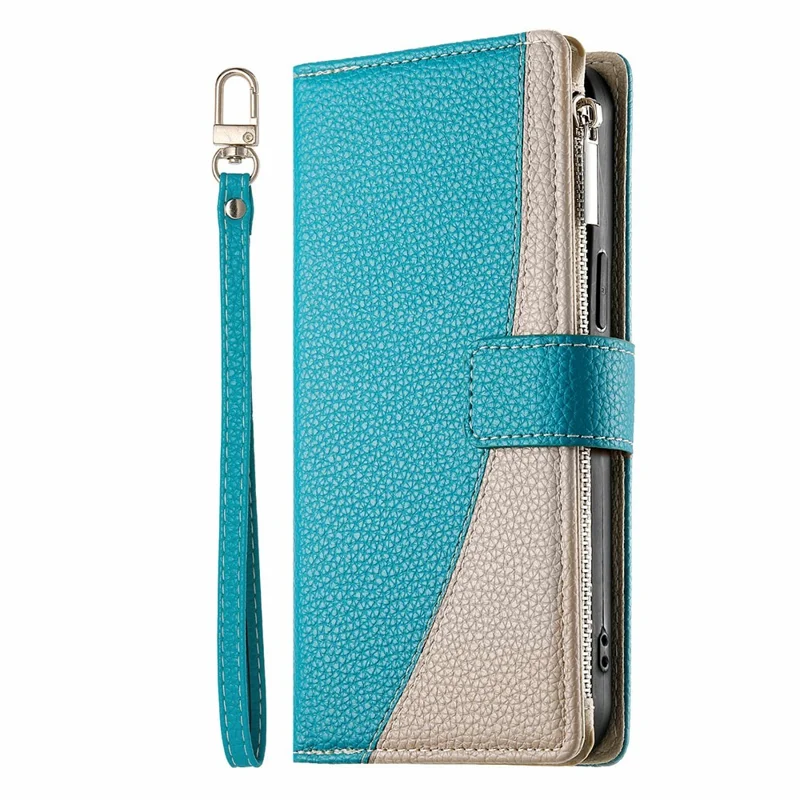 For Realme C85 5G Case Zipper Wallet Color Splicing Leather Flip Phone Cover with Straps - Lake Blue
