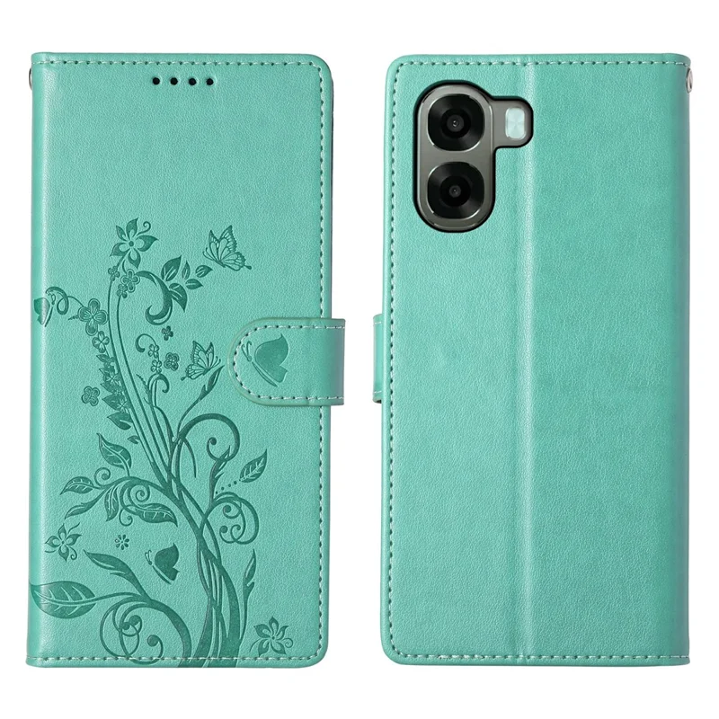 Wallet Case for Oppo A6x 5G  /  A6x 4G Butterfly Floral Imprint PU Leather Phone Cover with Wrist Strap - Green