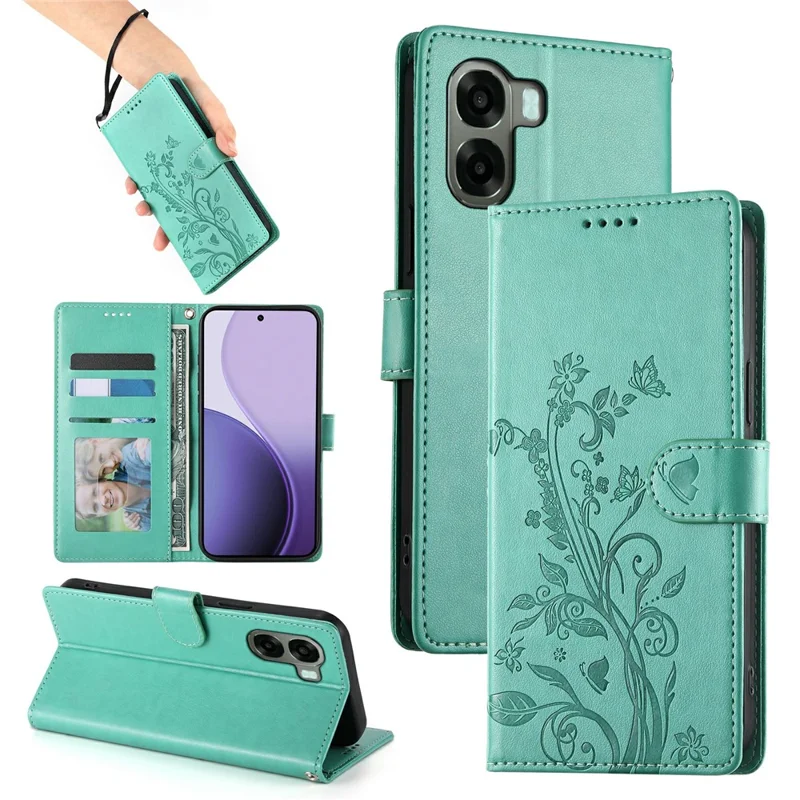 Wallet Case for Oppo A6x 5G  /  A6x 4G Butterfly Floral Imprint PU Leather Phone Cover with Wrist Strap - Green