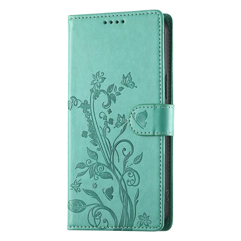 For Realme C85 5G Wallet Case Butterfly Floral Imprint PU Leather Phone Cover with Wrist Strap - Green