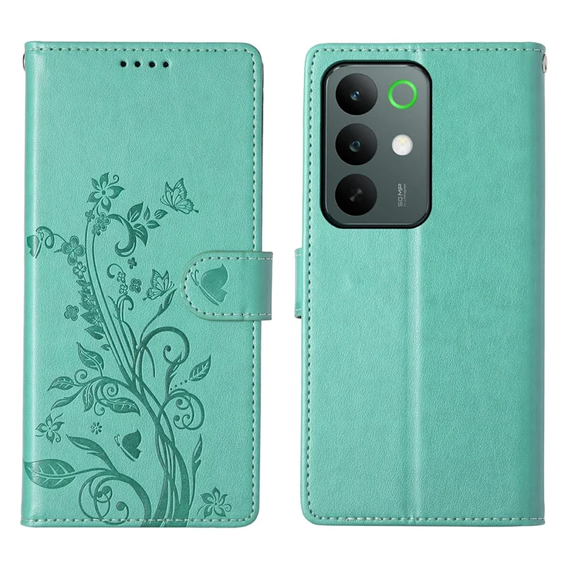 For Realme C85 Pro 4G Wallet Case Butterfly Floral Imprint PU Leather Phone Cover with Wrist Strap - Green