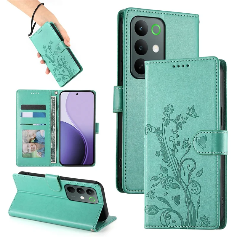 For Realme C85 Pro 4G Wallet Case Butterfly Floral Imprint PU Leather Phone Cover with Wrist Strap - Green