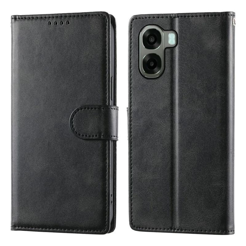 Phone Case For Oppo A6x 5G  /  A6x 4G Stand Wallet Calf Texture PU Leather Flip Phone Cover with Wrist Strap - Black