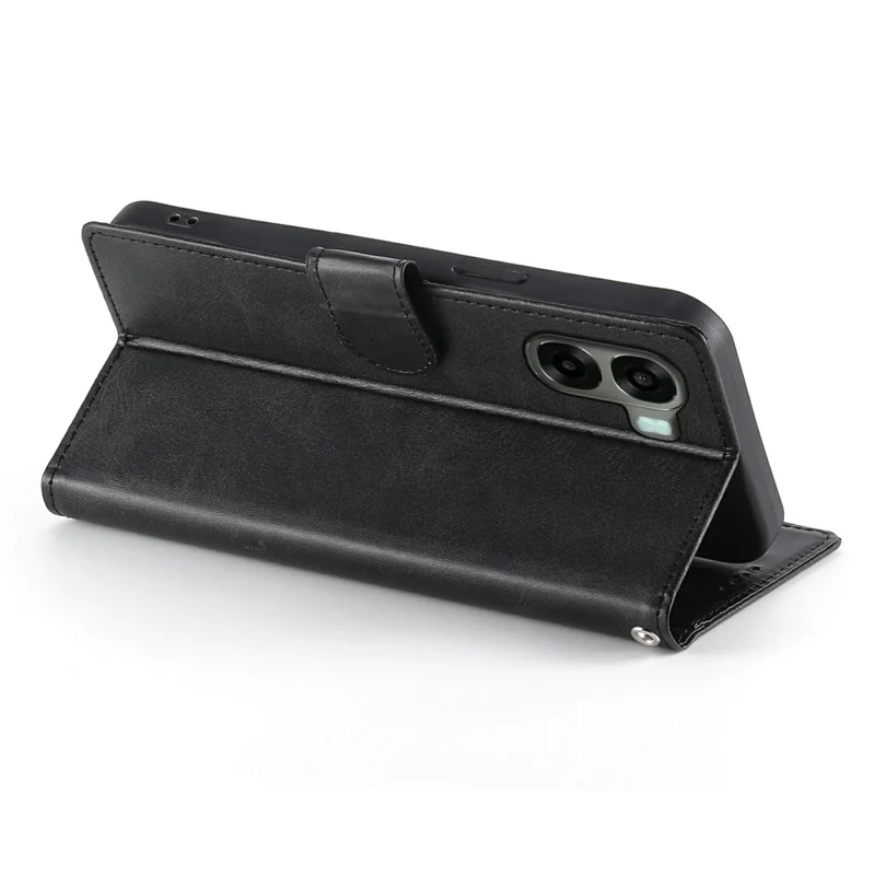 Phone Case For Oppo A6x 5G  /  A6x 4G Stand Wallet Calf Texture PU Leather Flip Phone Cover with Wrist Strap - Black