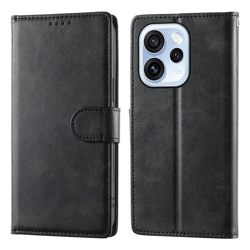 For Oppo Reno15 F 5G Case Stand Wallet Calf Texture PU Leather Flip Phone Cover with Wrist Strap - Black