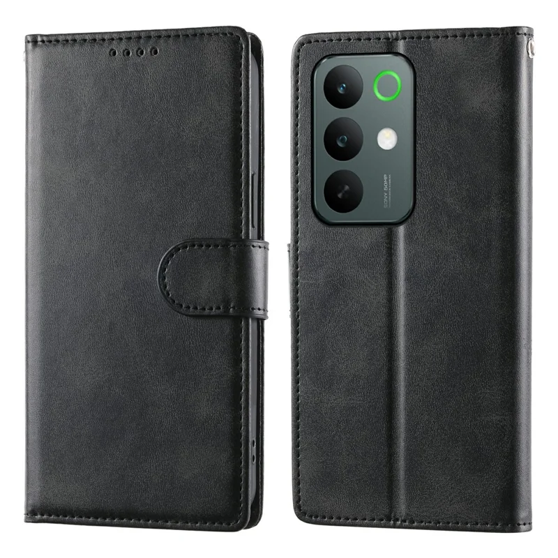 For Realme C85 5G Case Stand Wallet Calf Texture PU Leather Flip Phone Cover with Wrist Strap - Black