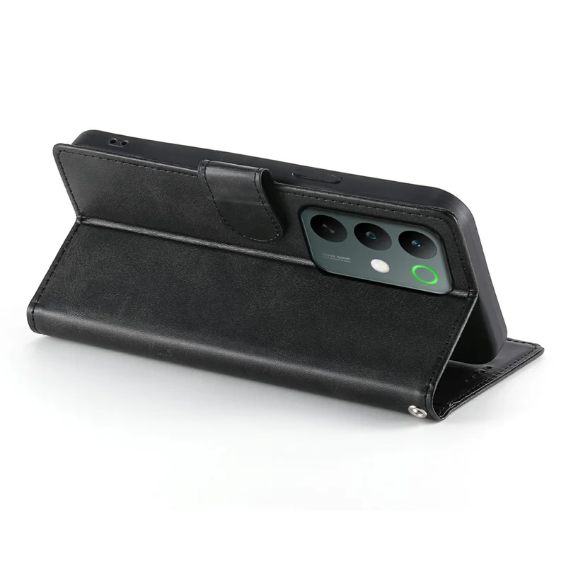 For Realme C85 5G Case Stand Wallet Calf Texture PU Leather Flip Phone Cover with Wrist Strap - Black