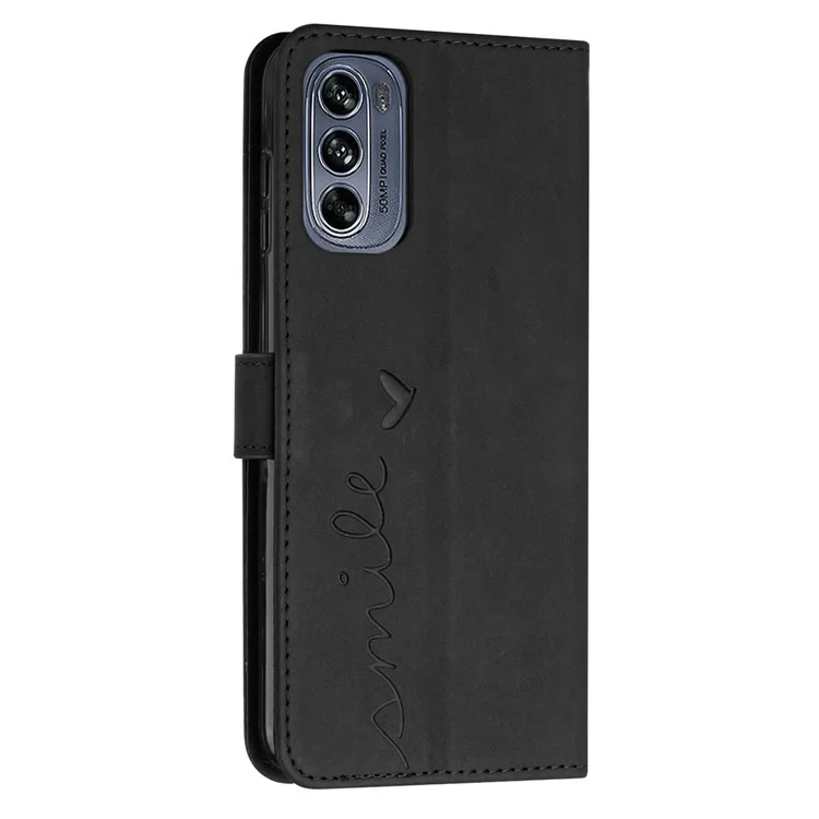 Skin-touch-feeling Hülle Für Motorola Moto G62 5G, Herzform Eingeprägter Brieftasche Ständer Buchstil PU Leder Telefonabdeckung Mit Schultergurt - Schwarz