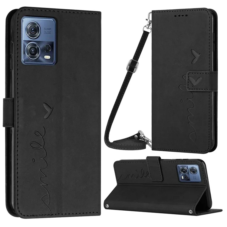 Case de Sentimiento de Piel de Piel Para Motorola Moto S30 Pro 5G / Edge 30 Fusion 5G, Magnético Forma de Corazón Heart Willet Stand PU Teléfono de Cuero Con Correa Para el Hombro - Negro