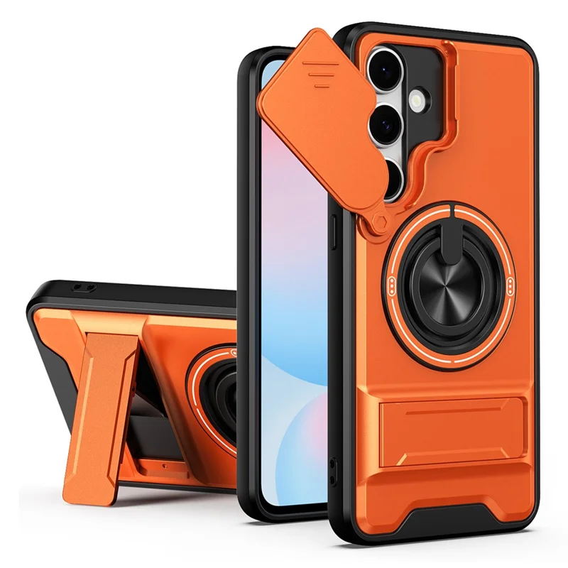 For Samsung Galaxy S24 FE Magnetic Case Ring Holder Foldable Kickstand TPU PC Phone Cover with Camera Lens Slider - Orange