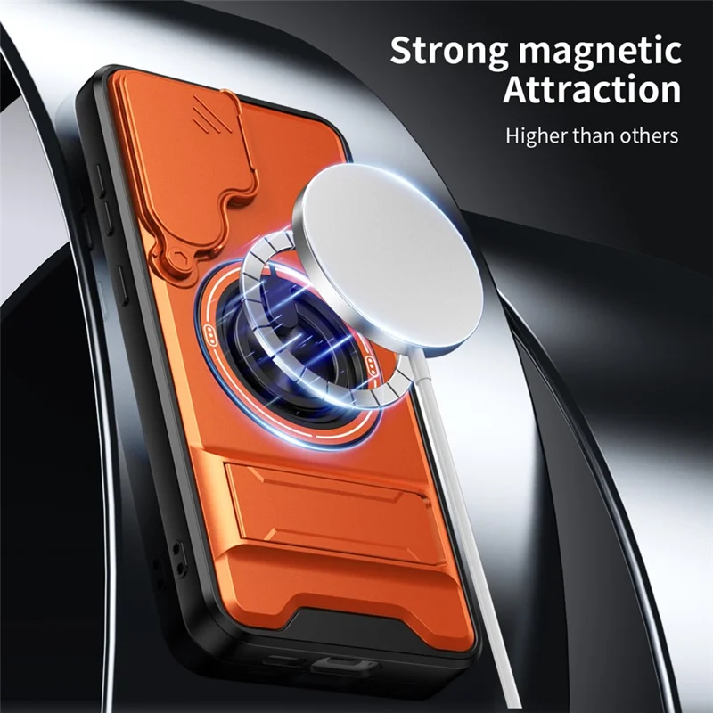 For Samsung Galaxy S24 FE Magnetic Case Ring Holder Foldable Kickstand TPU PC Phone Cover with Camera Lens Slider - Orange