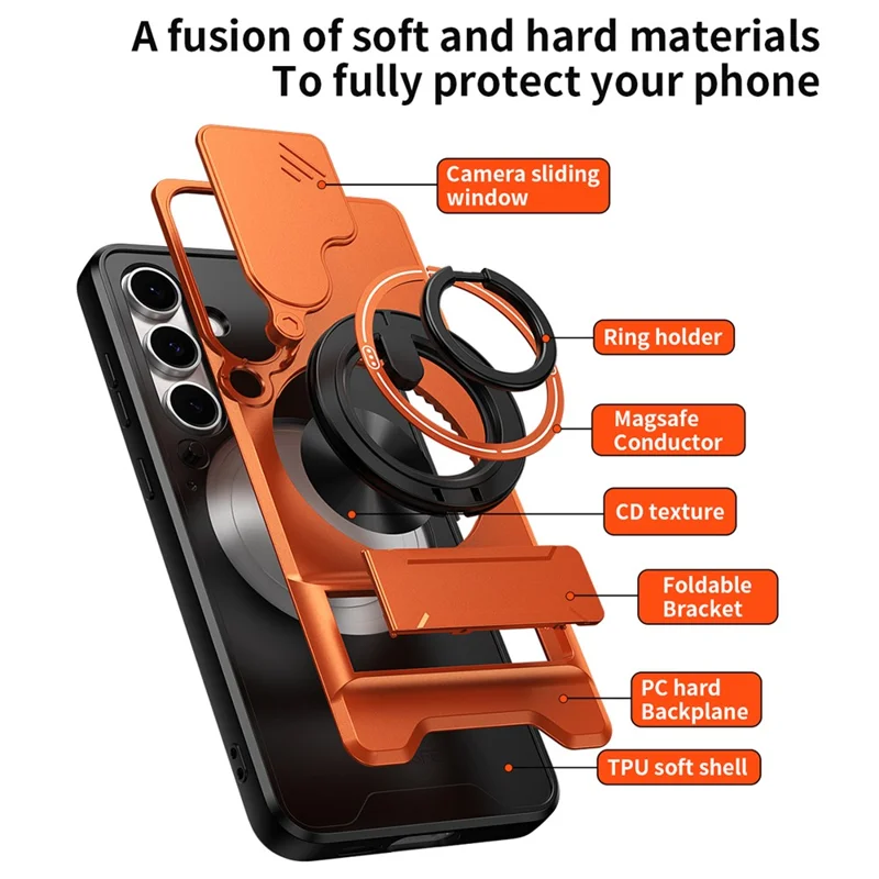 For Samsung Galaxy S24 FE Magnetic Case Ring Holder Foldable Kickstand TPU PC Phone Cover with Camera Lens Slider - Orange