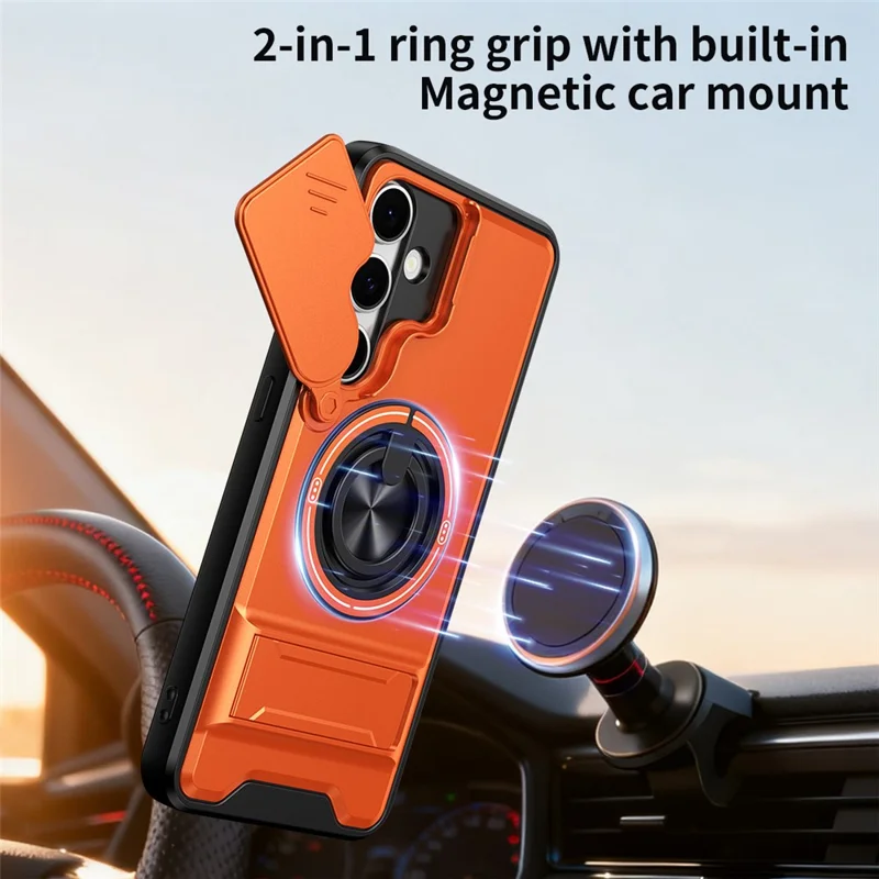For Samsung Galaxy S24 FE Magnetic Case Ring Holder Foldable Kickstand TPU PC Phone Cover with Camera Lens Slider - Orange