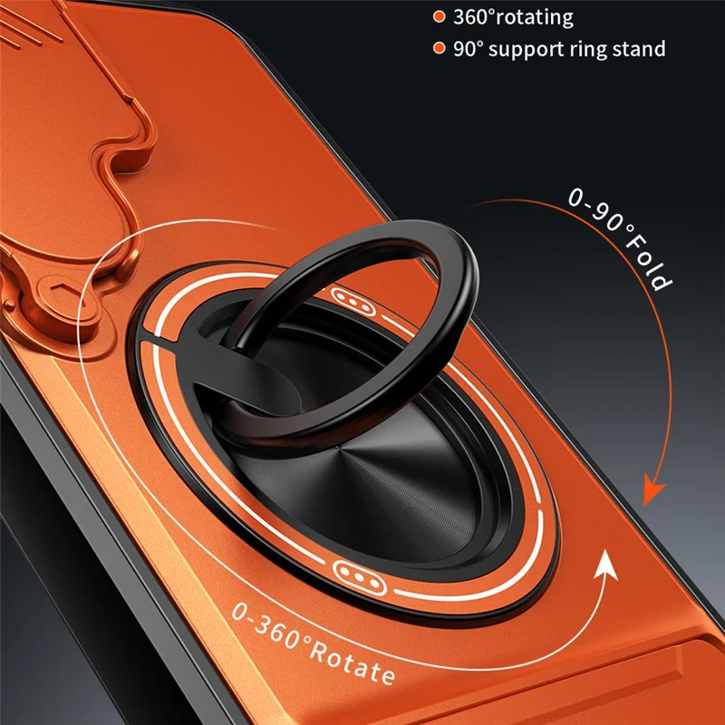 For Samsung Galaxy S24 FE Magnetic Case Ring Holder Foldable Kickstand TPU PC Phone Cover with Camera Lens Slider - Orange