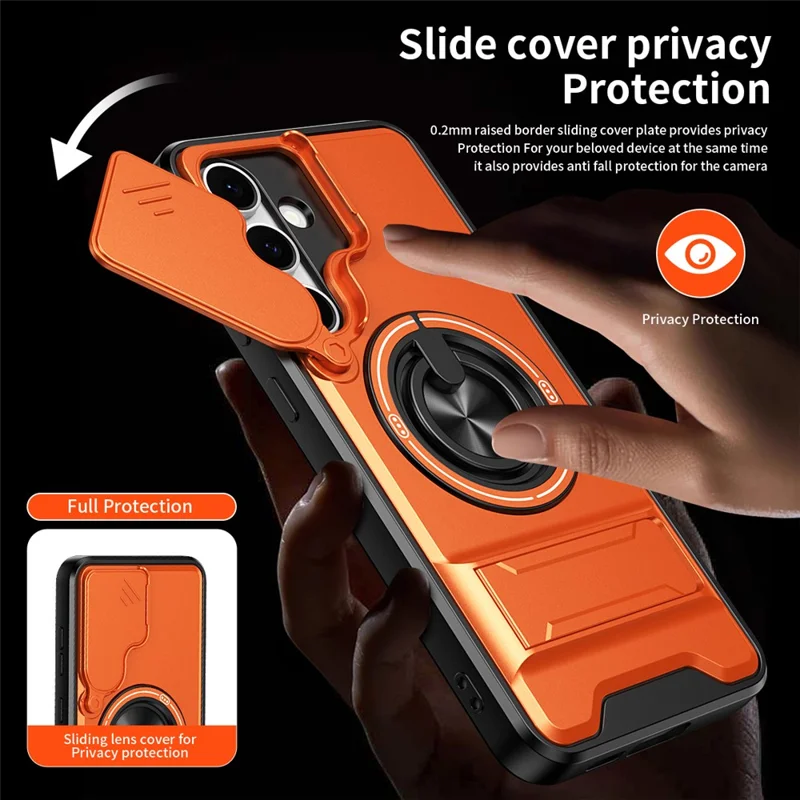 For Samsung Galaxy S24 FE Magnetic Case Ring Holder Foldable Kickstand TPU PC Phone Cover with Camera Lens Slider - Orange