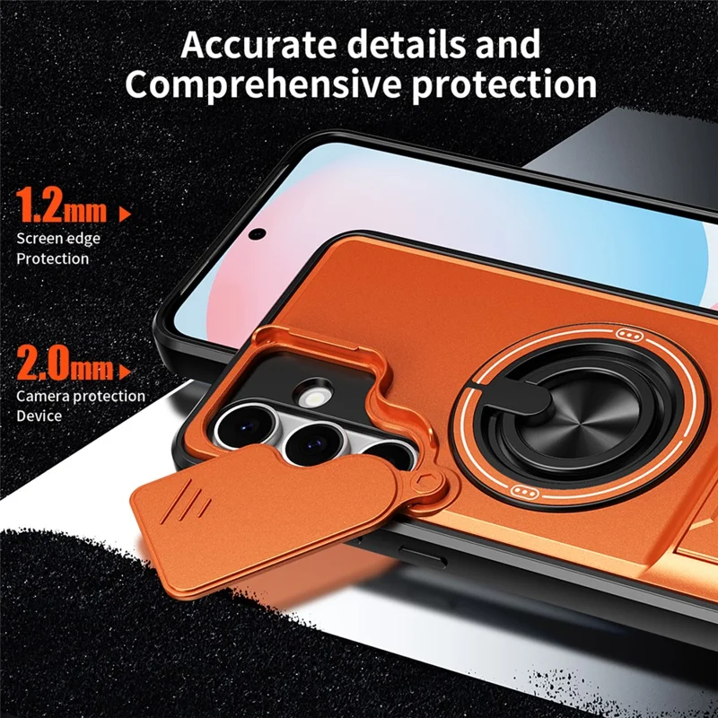 For Samsung Galaxy S24 FE Magnetic Case Ring Holder Foldable Kickstand TPU PC Phone Cover with Camera Lens Slider - Orange