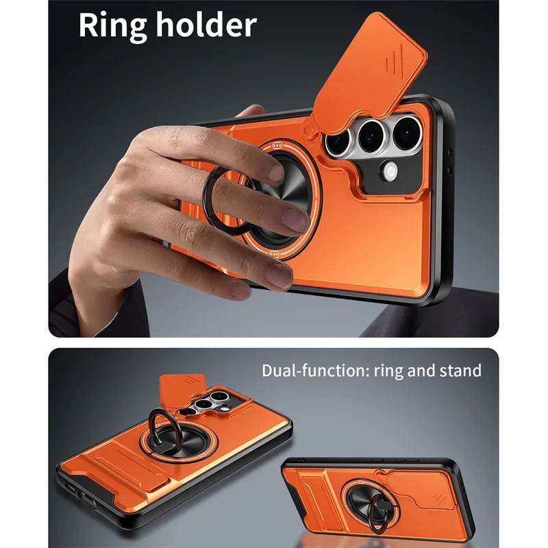 For Samsung Galaxy S24 FE Magnetic Case Ring Holder Foldable Kickstand TPU PC Phone Cover with Camera Lens Slider - Orange