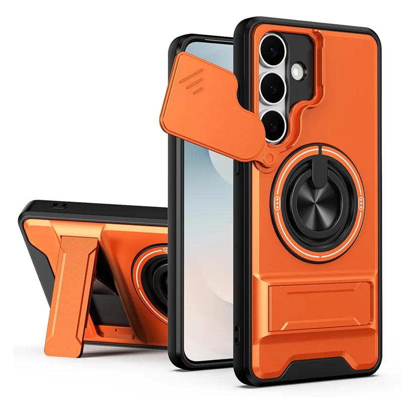 For Samsung Galaxy S25 FE Magnetic Case Ring Holder Foldable Kickstand TPU PC Phone Cover with Camera Lens Slider - Orange