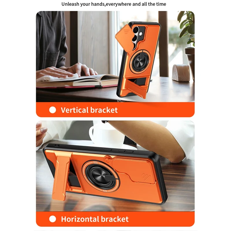 For Samsung Galaxy S25 FE Magnetic Case Ring Holder Foldable Kickstand TPU PC Phone Cover with Camera Lens Slider - Orange
