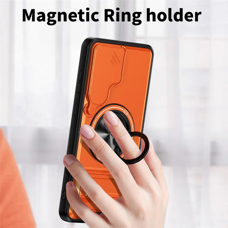 For Samsung Galaxy S25 FE Magnetic Case Ring Holder Foldable Kickstand TPU PC Phone Cover with Camera Lens Slider - Orange