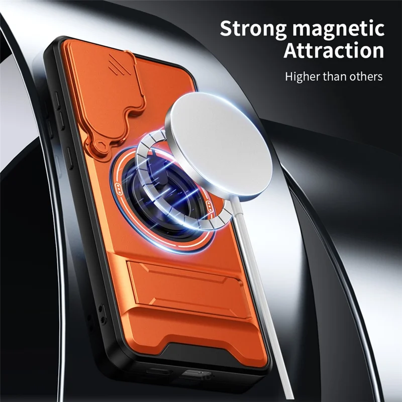 For Samsung Galaxy S25 FE Magnetic Case Ring Holder Foldable Kickstand TPU PC Phone Cover with Camera Lens Slider - Orange