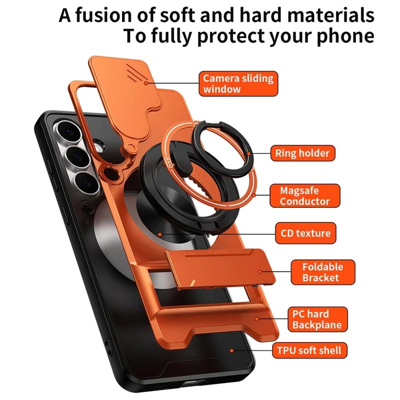 For Samsung Galaxy S25 FE Magnetic Case Ring Holder Foldable Kickstand TPU PC Phone Cover with Camera Lens Slider - Orange