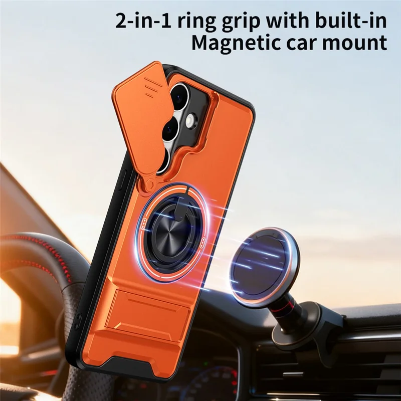 For Samsung Galaxy S25 FE Magnetic Case Ring Holder Foldable Kickstand TPU PC Phone Cover with Camera Lens Slider - Orange