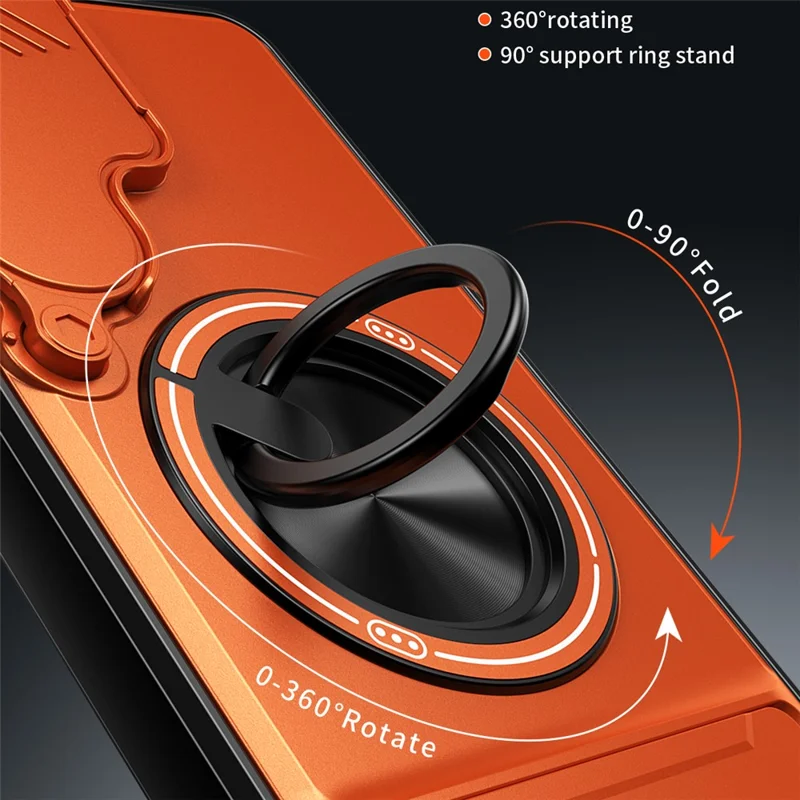 For Samsung Galaxy S25 FE Magnetic Case Ring Holder Foldable Kickstand TPU PC Phone Cover with Camera Lens Slider - Orange