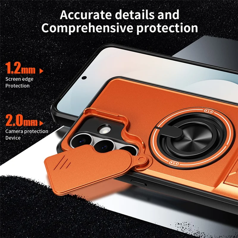 For Samsung Galaxy S25 FE Magnetic Case Ring Holder Foldable Kickstand TPU PC Phone Cover with Camera Lens Slider - Orange