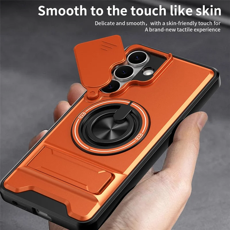 For Samsung Galaxy S25 FE Magnetic Case Ring Holder Foldable Kickstand TPU PC Phone Cover with Camera Lens Slider - Orange