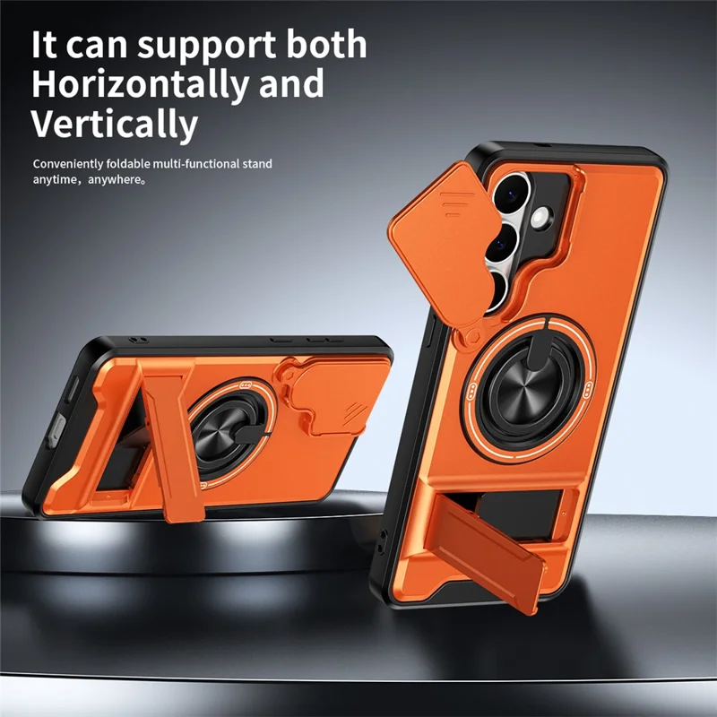 For Samsung Galaxy S25 FE Magnetic Case Ring Holder Foldable Kickstand TPU PC Phone Cover with Camera Lens Slider - Orange