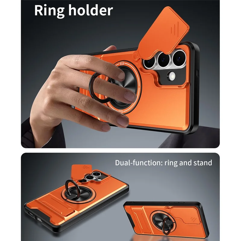 For Samsung Galaxy S25 FE Magnetic Case Ring Holder Foldable Kickstand TPU PC Phone Cover with Camera Lens Slider - Orange
