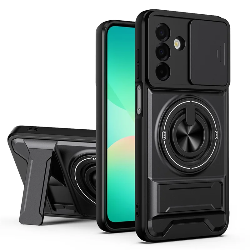 For Samsung Galaxy A26 5G Magnetic Case Ring Holder Foldable Kickstand TPU PC Phone Cover with Camera Lens Slider - Black