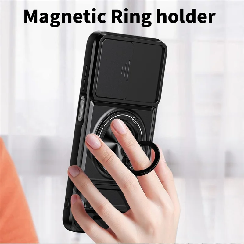 For Samsung Galaxy A26 5G Magnetic Case Ring Holder Foldable Kickstand TPU PC Phone Cover with Camera Lens Slider - Black
