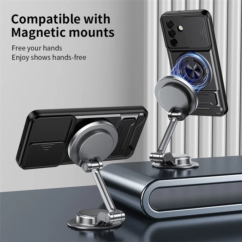 For Samsung Galaxy A26 5G Magnetic Case Ring Holder Foldable Kickstand TPU PC Phone Cover with Camera Lens Slider - Black