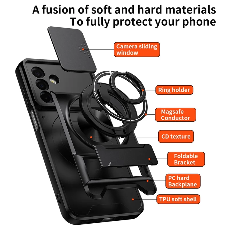 For Samsung Galaxy A26 5G Magnetic Case Ring Holder Foldable Kickstand TPU PC Phone Cover with Camera Lens Slider - Black