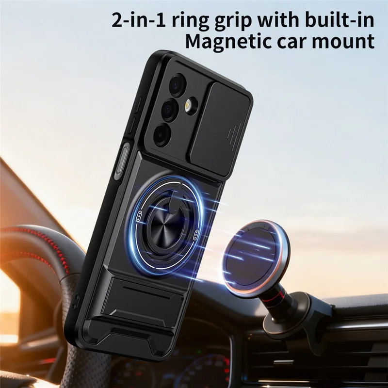 For Samsung Galaxy A26 5G Magnetic Case Ring Holder Foldable Kickstand TPU PC Phone Cover with Camera Lens Slider - Black