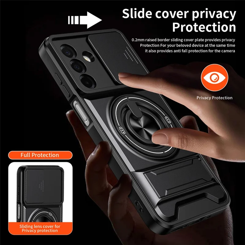 For Samsung Galaxy A26 5G Magnetic Case Ring Holder Foldable Kickstand TPU PC Phone Cover with Camera Lens Slider - Black