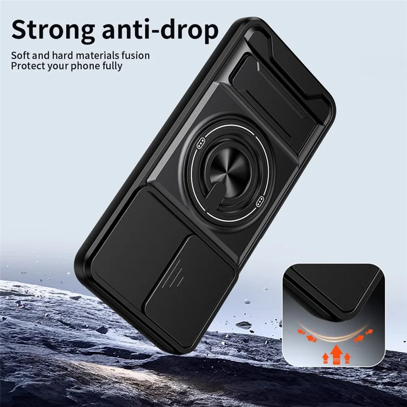 For Samsung Galaxy A26 5G Magnetic Case Ring Holder Foldable Kickstand TPU PC Phone Cover with Camera Lens Slider - Black