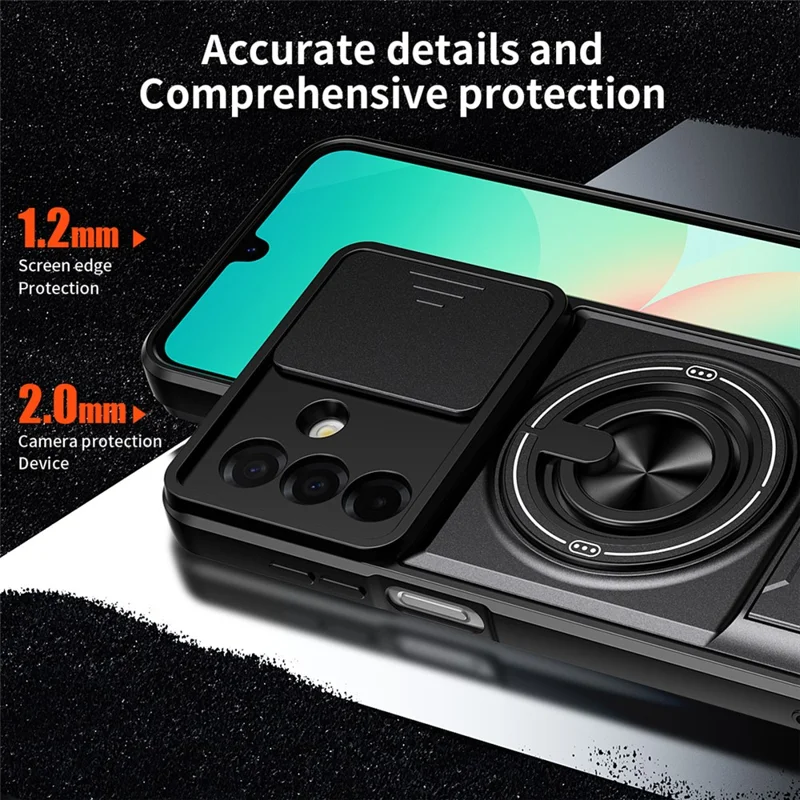 For Samsung Galaxy A26 5G Magnetic Case Ring Holder Foldable Kickstand TPU PC Phone Cover with Camera Lens Slider - Black