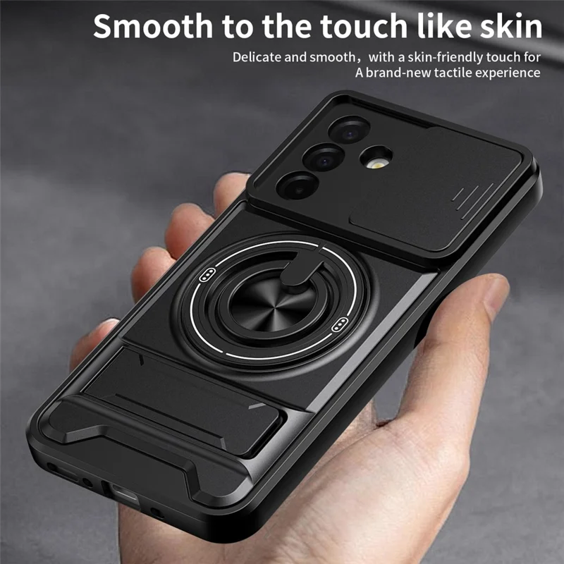 For Samsung Galaxy A26 5G Magnetic Case Ring Holder Foldable Kickstand TPU PC Phone Cover with Camera Lens Slider - Black